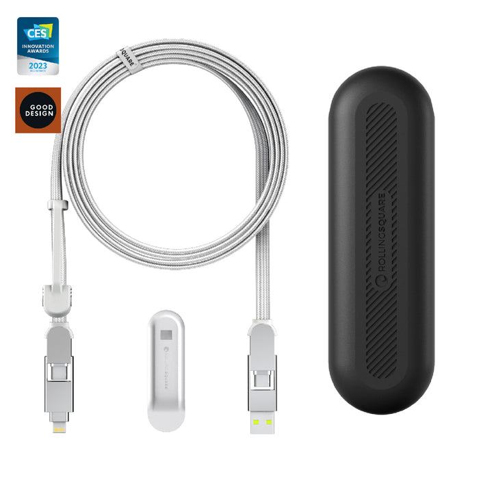 inCharge® XL 2m / 6.6ft - 100W, 6in1 super long cable - Urban Black - White inCharge XL 2m 6in1 super long charging cable with protective black hard case and cable clip. - Rolling Square