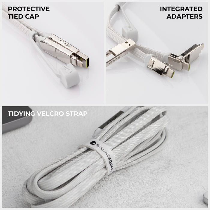 inCharge® XL 2m / 6.6ft - 100W, 6in1 super long cable - Urban Black - White inCharge XL 2m charging cable with protective tied cap, integrated adapters, and tidying Velcro strap. - Rolling Square