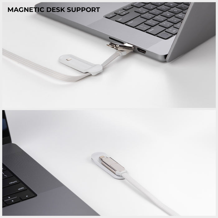 inCharge® XL 2m / 6.6ft - 100W, 6in1 super long cable - Urban Black - White magnetic inCharge XL 2m charging cable plugged into laptop USB-C port on white desk. - Rolling Square