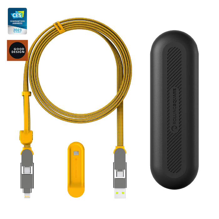 inCharge® XL 2m / 6.6ft - 100W, 6in1 super long cable - Urban Black - Yellow 2m inCharge XL 6in1 charging cable with black protective case and yellow cable clip. - Rolling Square