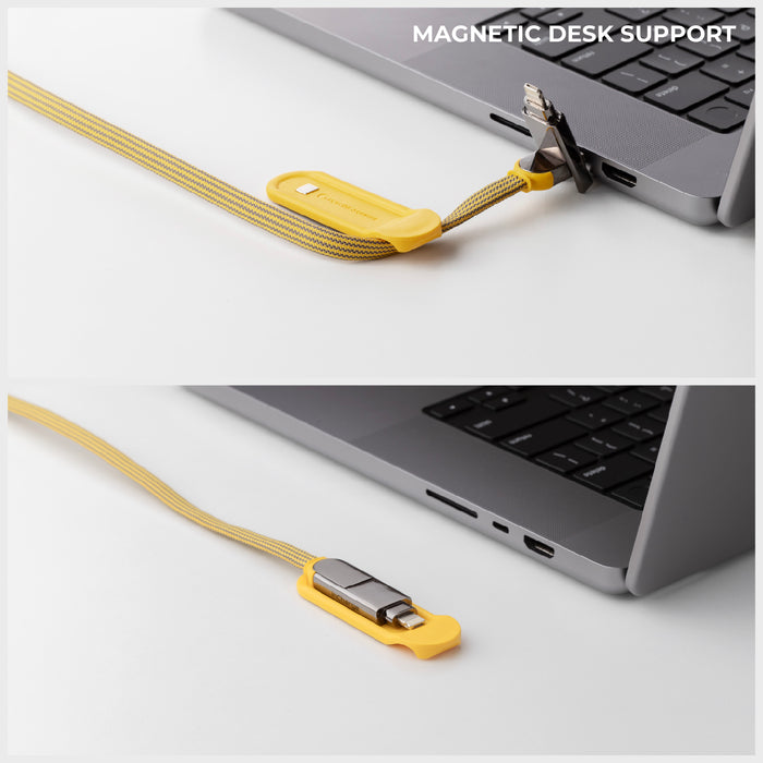 inCharge® XL 2m / 6.6ft - 100W, 6in1 super long cable - Urban Black - Yellow 6-in-1 super long charging cable with magnetic desk support connected to laptop ports. - Rolling Square
