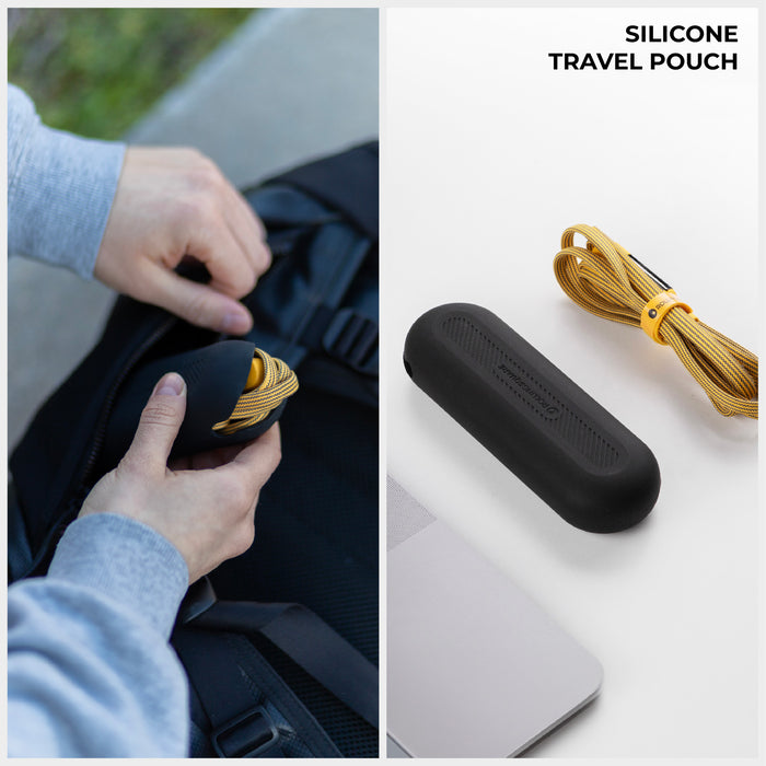 inCharge® XL 2m / 6.6ft - 100W, 6in1 super long cable - Urban Black - Black silicone travel pouch with embossed logo beside a coiled yellow charging cable on white surface. - Rolling Square