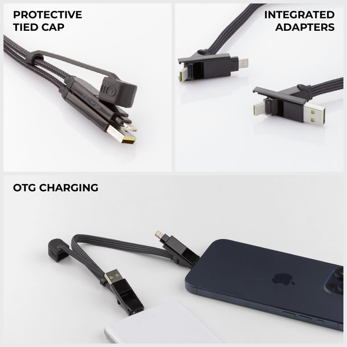 inCharge® XL 30cm / 1ft - 100W, 6in1 travel cable - Urban Black - Black inCharge XL 6-in-1 travel cable with integrated adapters and protective tied cap connected to smartphone and power bank. - Rolling Square