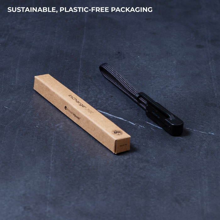 inCharge® XL 30cm / 1ft - 100W, 6in1 travel cable - Urban Black - Black compact 30cm inCharge XL 6-in-1 travel cable with sustainable cardboard packaging. - Rolling Square