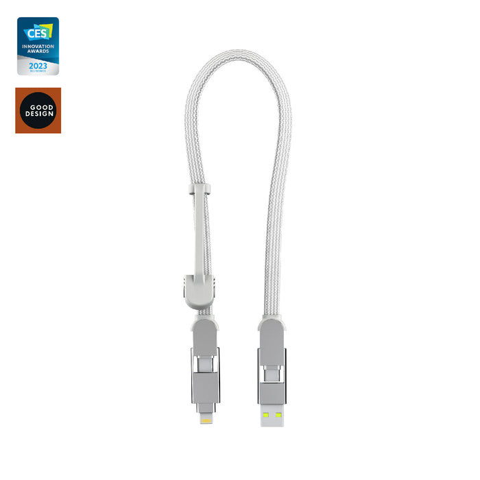 inCharge® XL 30cm / 1ft - 100W, 6in1 travel cable - Urban Black - White braided 30cm inCharge XL 6-in-1 travel charging cable with USB-C and Lightning connectors. - Rolling Square