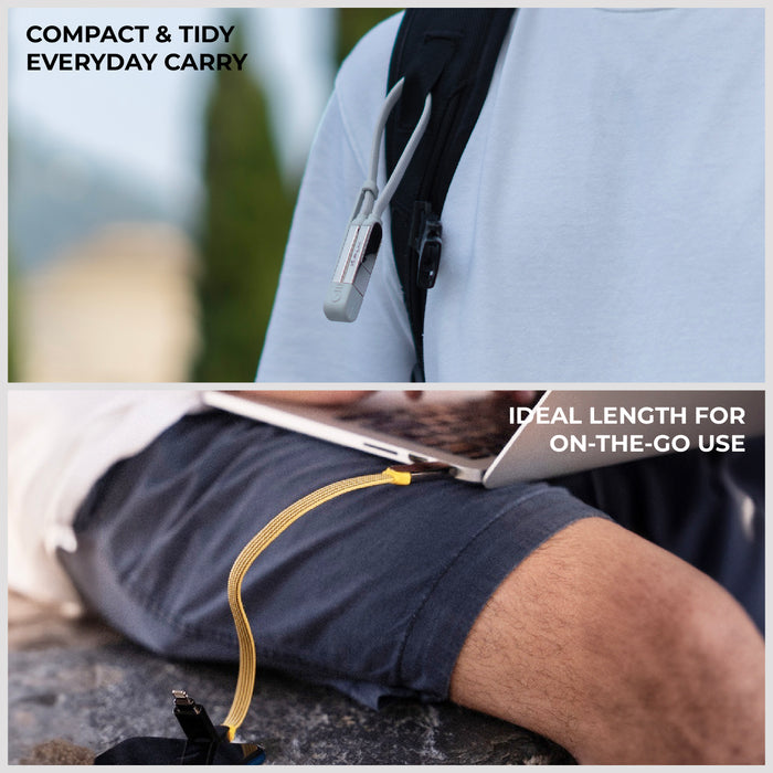 inCharge® XL 30cm / 1ft - 100W, 6in1 travel cable - Urban Black - Compact black inCharge XL 30cm travel cable clipped to backpack strap and stretched on a person's leg. - Rolling Square