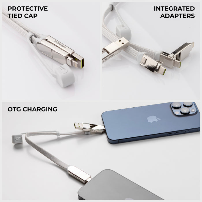 inCharge® XL 30cm / 1ft - 100W, 6in1 travel cable - Urban Black - White 30cm inCharge XL 100W travel cable with integrated adapters and tied cap connected to smartphone and external device. - Rolling Square