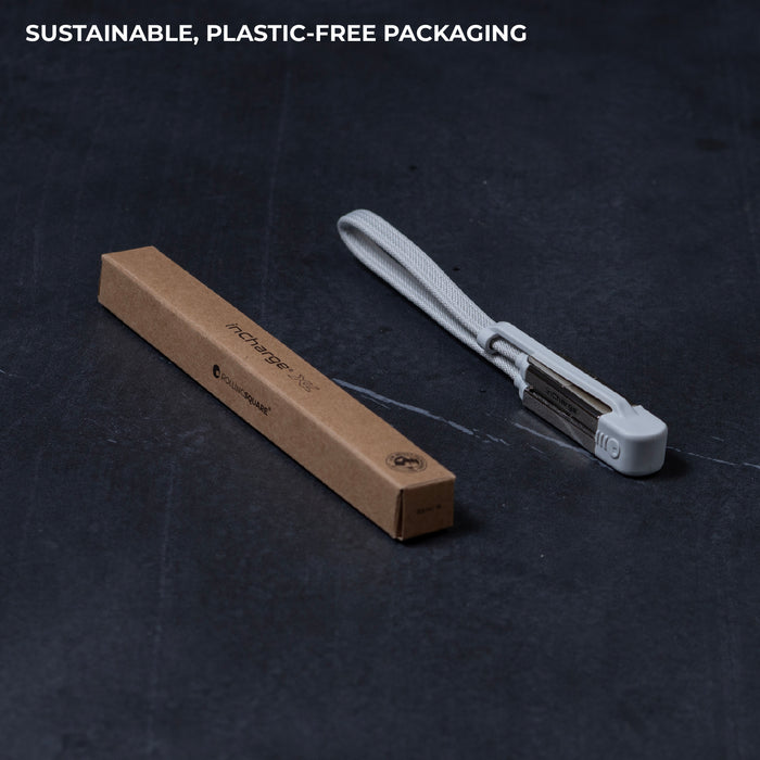 inCharge® XL 30cm / 1ft - 100W, 6in1 travel cable - Urban Black - Compact white travel charging cable with integrated connectors and looped strap, next to brown eco-friendly box. - Rolling Square