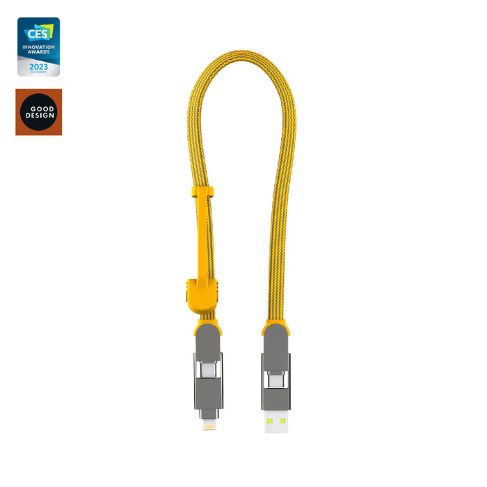 inCharge® XL 30cm / 1ft - 100W, 6in1 travel cable - Urban Black - Yellow braided USB-C to USB-C travel cable with gray connectors and adjustable strap. - Rolling Square