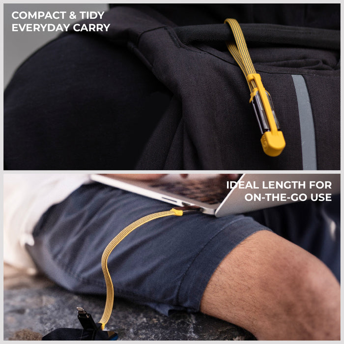 inCharge® XL 30cm / 1ft - 100W, 6in1 travel cable - Urban Black - Yellow inCharge XL 30cm 6-in-1 travel charging cable attached to black backpack and coiled on leg. - Rolling Square