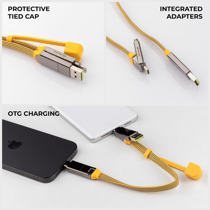 inCharge® XL 30cm / 1ft - 100W, 6in1 travel cable - Urban Black - Yellow braided inCharge XL 30cm travel charging cable with integrated adapters and protective tied cap. - Rolling Square