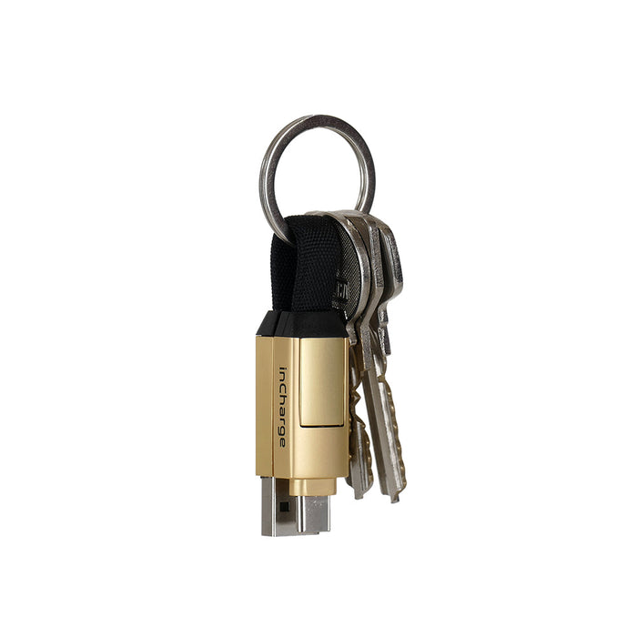 inCharge® 6 - 15W, 6in1 keyring cable - Mercury Gray - Saturn Gold inCharge 6 six-in-one keyring charging cable with attached metal keyring and keys. - Rolling Square