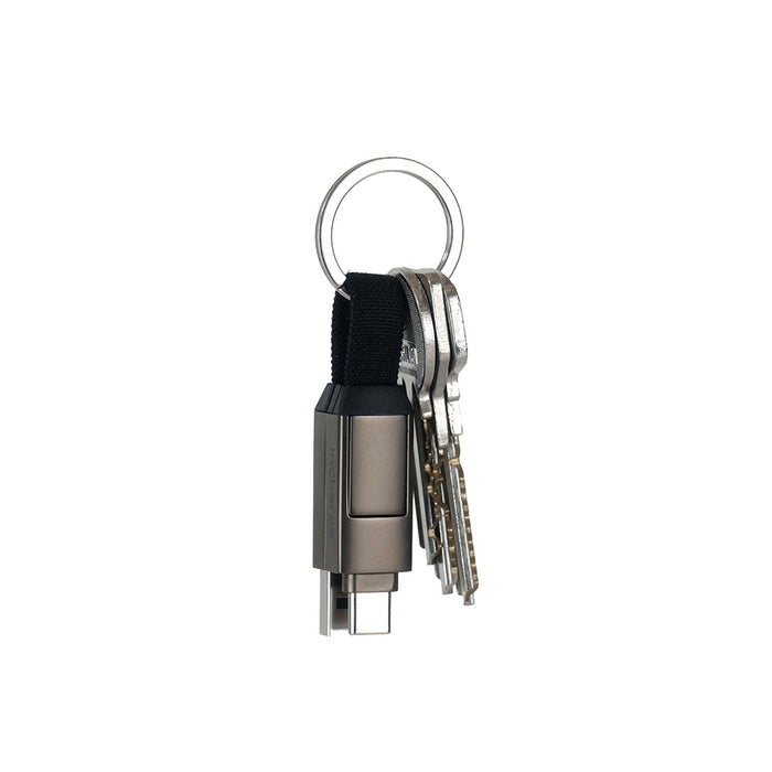inCharge® 6 - 15W, 6in1 keyring cable - Mercury Gray - Compact Mercury Gray inCharge 6 keyring cable attached to keys with USB-C connector visible. - Rolling Square
