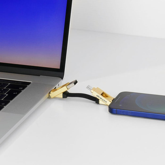 inCharge® 6 - 15W, 6in1 keyring cable - Mercury Gray - Compact black keyring charging cable with gold connectors linking laptop and smartphone. - Rolling Square