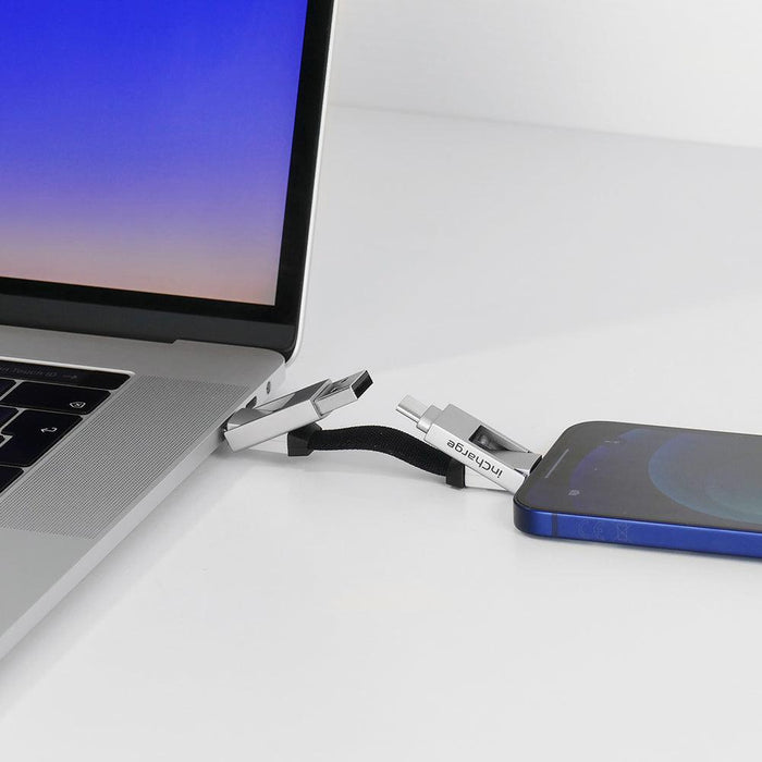 inCharge® 6 - 15W, 6in1 keyring cable - Mercury Gray - Compact Mercury Gray 6-in-1 keyring charging cable connected between laptop and smartphone. - Rolling Square