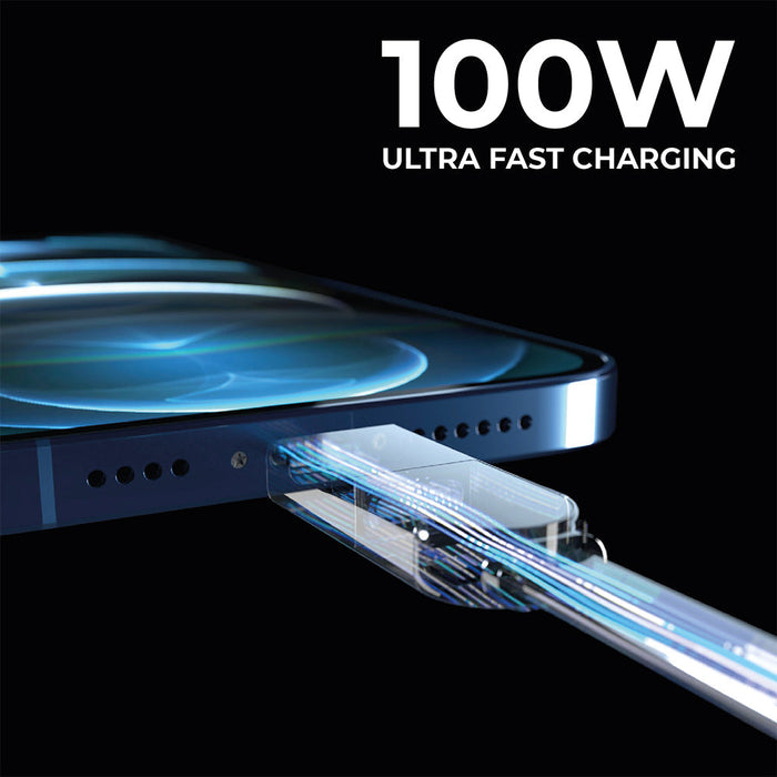 inCharge® X Max - 100W, 6in1 long cable - Lava Black - Lava Black inCharge X Max 6-in-1 charging cable connected to smartphone with blue light effect and 100W ultra fast charging. - Rolling Square