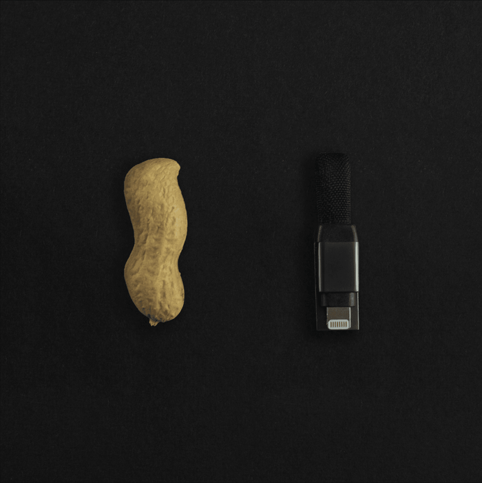 inCharge® Mini - The Smallest cable ever - USB to Lightning - Compact black charging cable with Lightning connector next to a peanut on black background. - Rolling Square