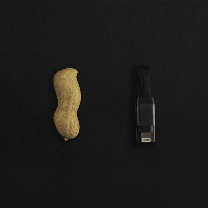 inCharge® Mini - The Smallest cable ever - USB to Lightning - Compact black charging cable with silver Lightning connector next to a peanut for size comparison on black background. - Rolling Square