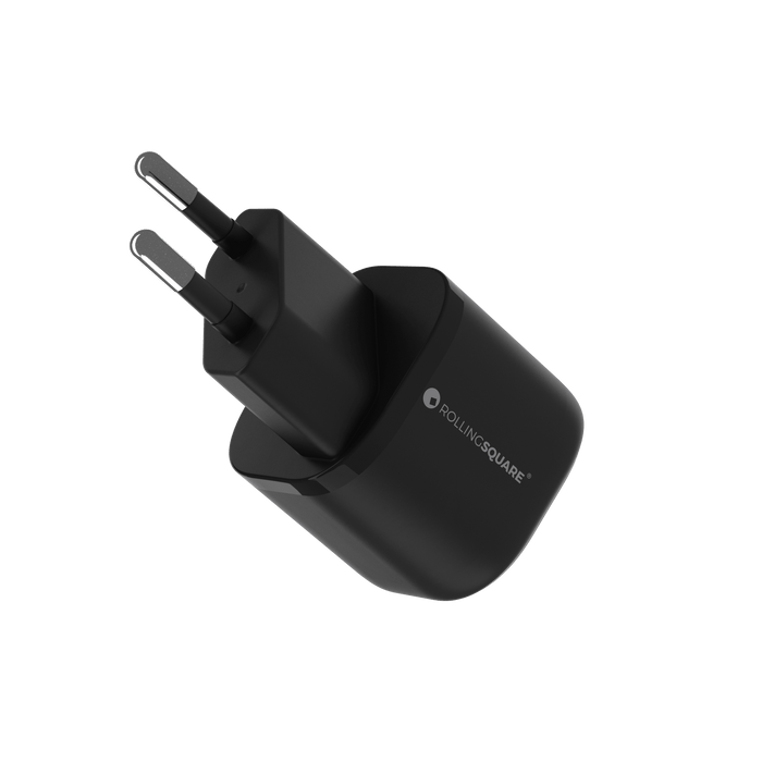 Essential GaN Charger - 30W power, 45% smaller - US - Compact black GaN charger with two round EU plug pins and SOLARIS DESIGN logo on side. - Rolling Square