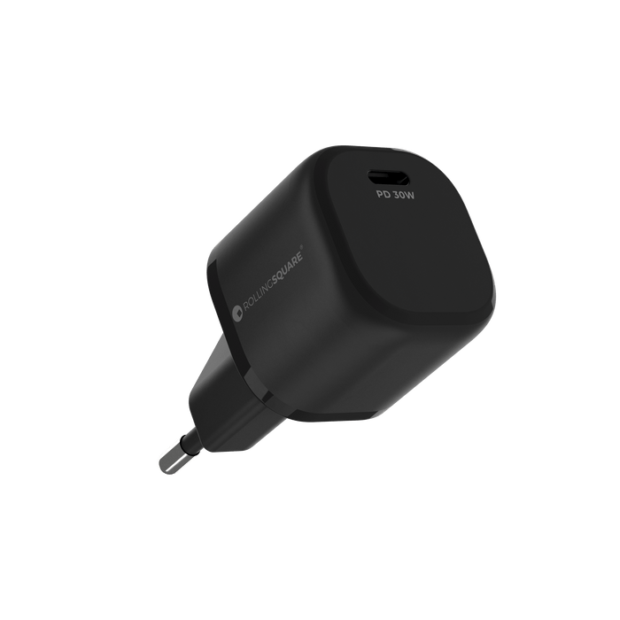 Essential GaN Charger - 30W power, 45% smaller - US - Compact black GaN charger with US plug and USB-C port, labeled PD 30W power. - Rolling Square