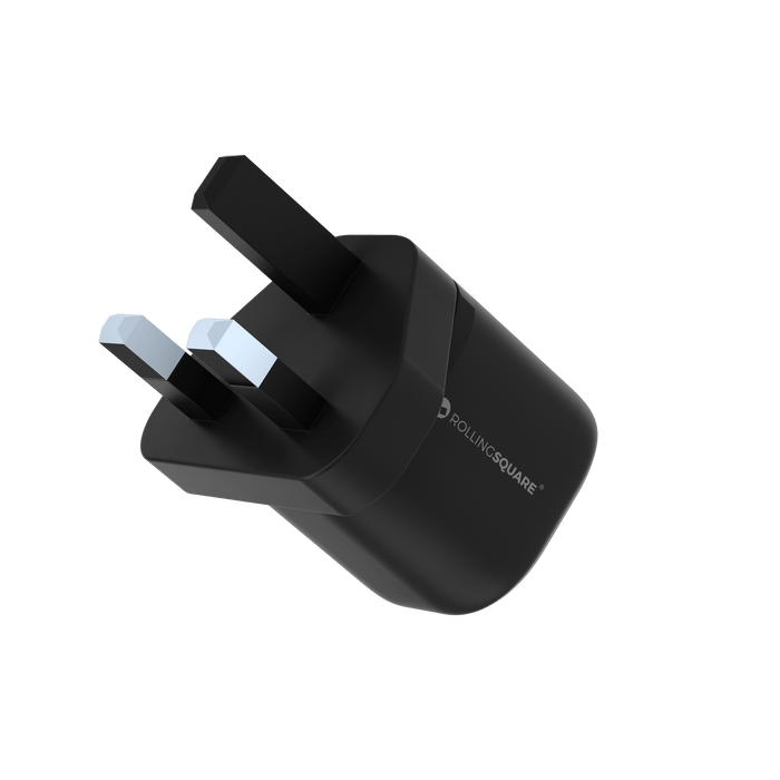 Essential GaN Charger - 30W power, 45% smaller - US - Compact black GaN charger with UK plug and smooth matte finish. - Rolling Square