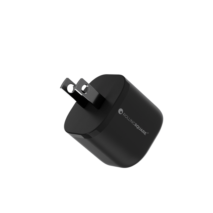 Essential GaN Charger - 30W power, 45% smaller - US - Compact black Essential GaN charger with foldable US plug and rounded edges. - Rolling Square