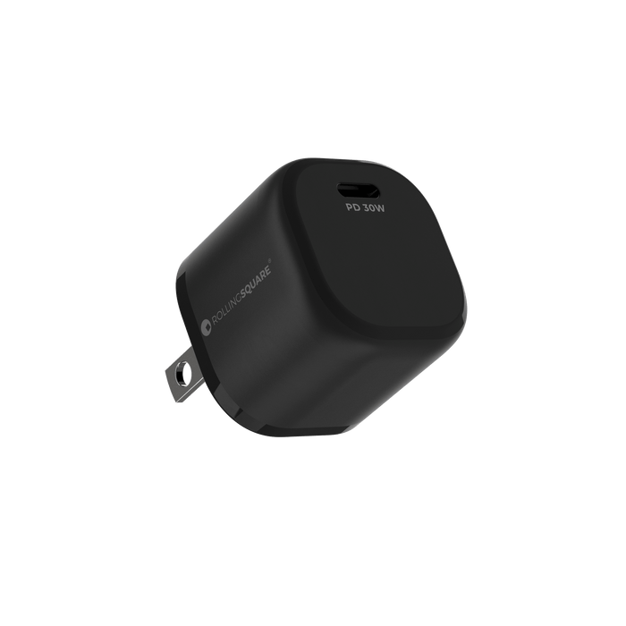 Essential GaN Charger - 30W power, 45% smaller - US - Compact black 30W GaN charger with foldable US plug and curved edges. - Rolling Square