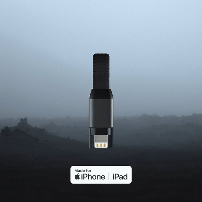 inCharge® Mini - The Smallest cable ever - USB to Lightning - Compact black charging cable with Lightning connector and "Made for iPhone | iPad" label below. - Rolling Square