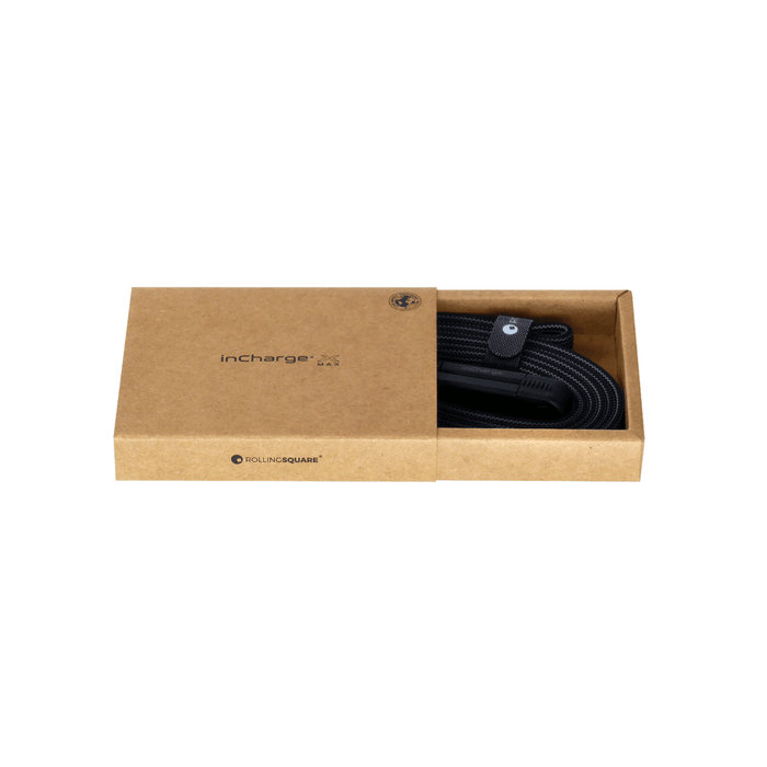 inCharge® X Max - 100W, 6in1 long cable - Lava Black - Lava black inCharge X Max 100W 6-in-1 charging cable partially inside eco-friendly cardboard sliding box. - Rolling Square