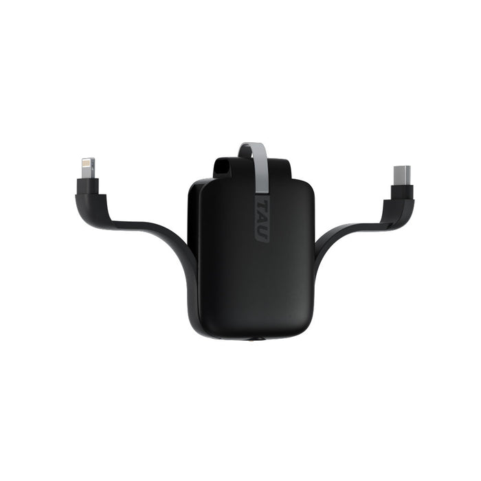 TAU® - Always-charged power bank - Charcoal Black - Compact charcoal black power bank with integrated dual charging cables and TAU logo on strap. - Rolling Square