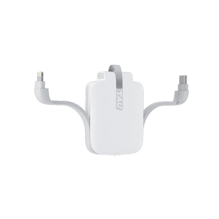 TAU® - Always-charged power bank - Charcoal Black - Compact white power bank with integrated flat charging cables and subtle TAU logo on front. - Rolling Square