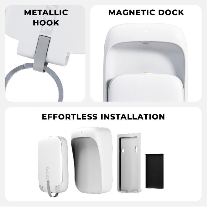 TAU® - Always-charged power bank - Charcoal Black - White magnetic dock for TAU power bank with metallic hook and easy wall installation components. - Rolling Square