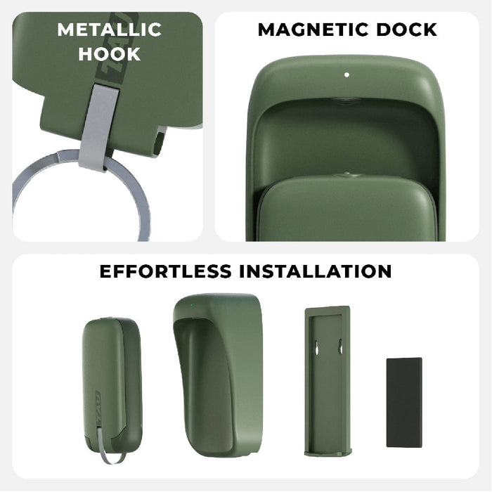 TAU® - Always-charged power bank - Charcoal Black - Agave green power bank with metallic hook and magnetic dock shown with installation steps. - Rolling Square