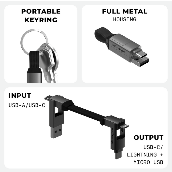 inCharge® 6 - 15W, 6in1 keyring cable - Mercury Gray - Compact multi-device keyring charging cable with USB-A, USB-C, Lightning, and Micro USB connectors in sleek metal housing. - Rolling Square