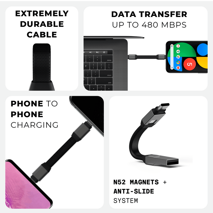 inCharge® Mini - The Smallest cable ever - USB to Lightning - Compact black charging cable with USB-C and Lightning connectors, magnetically attached and shown transferring data and. - Rolling Square