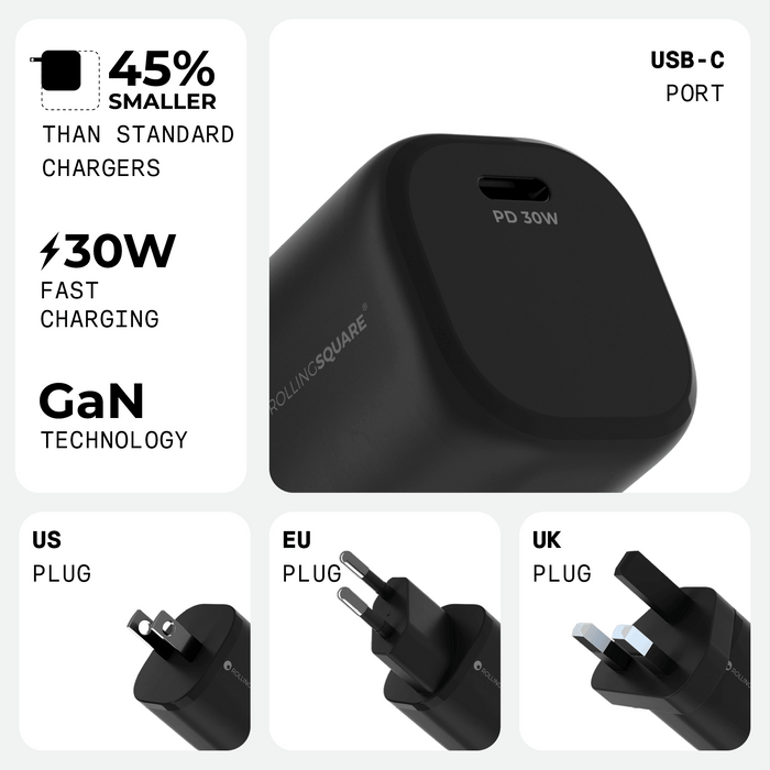 Essential GaN Charger - 30W power, 45% smaller - US - Compact black Essential GaN charger with USB-C port and available US, EU, UK plug variants. - Rolling Square