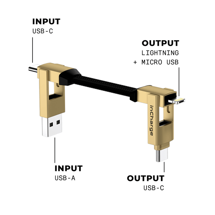 inCharge® 6 - 15W, 6in1 keyring cable - Mercury Gray - Compact keyring charging cable with USB-A, USB-C inputs and Lightning, Micro USB, USB-C outputs in metallic gold. - Rolling Square