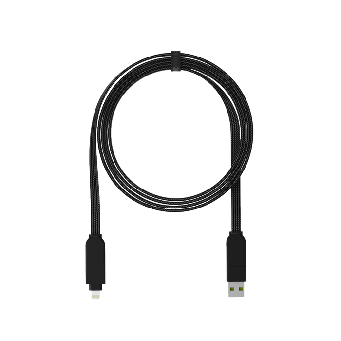inCharge® X Max - 100W, 6in1 long cable - Lava Black - Lava black 6in1 multi-connector charging cable with USB and Lightning ends coiled neatly. - Rolling Square